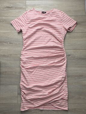 & AVE Pink and White Striped Ruched Midi Dress